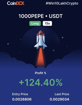 The image displays a CoinDCX "#Win10LakhCrypto" trading card showing a profitable long position on 1000PEPE/USDT with 15x leverage, boasting a +124.40% profit, an entry price of 0.0026806, and a last price of 0.0029034, alongside a rocket illustration symbolizing the successful "moon" trade. This aligns with the post's celebration of $Pepe's strong upward momentum ("second leg"), suggesting the trade caught the rally before pivoting attention to $RPL as the next potential play.