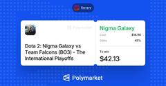 A Polymarket prediction screenshot showing 'Nigma Galaxy' with a 98% chance against 'Team Falcons (BO3)' in Dota 2, with $42.13 traded.