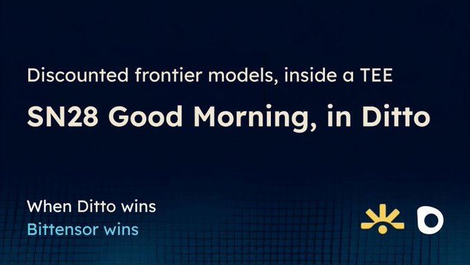 A presentation slide titled "SN28 Good Morning, in Ditto" with subtitle "Discounted frontier models, inside a TEE" and text "When Ditto wins / Bittensor wins" alongside Ditto and Bittensor logos.