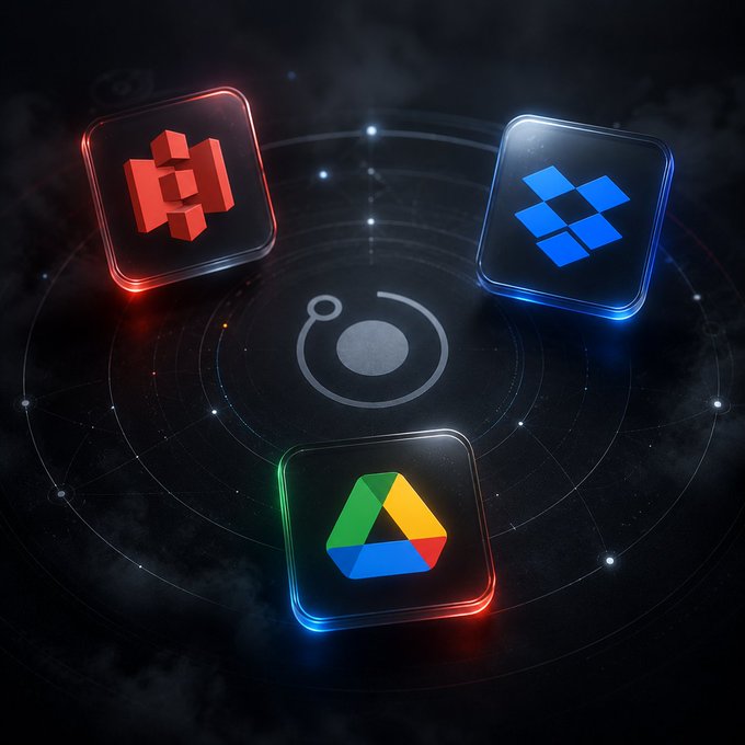 The image features three different app icons displayed against a black background with white lines. The first icon is a red square, the second one is blue, and the third one is green. These icons represent various apps such as Dropbox, Google Drive, and Amazon S3. The text in the image reads "New: Submit scenes to Render Network directly from your cloud storage. Dropbox, Google Drive, and Amazon S3 now supported". This suggests that these app icons are related to cloud storage services or platforms, possibly indicating a new feature or update for users who want to submit their scenes directly to the Render Network service.