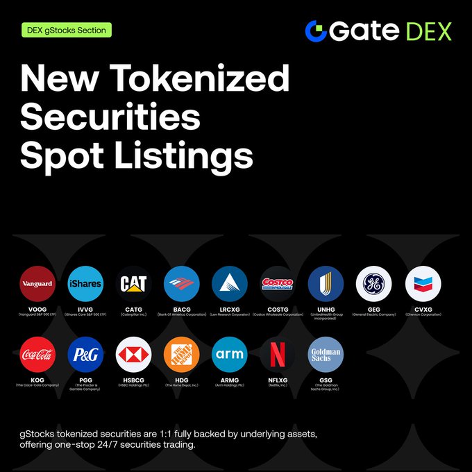 A Gate DEX promotional graphic announcing 'New Tokenized Securities Spot Listings' featuring logos for various companies including Vanguard (VOOG), iShares (IVVG), CATG, BAC, LRCXG, COST, UNHG, GEG, CVXG, KOG, PGG, HSBCG, HDG, ARMG, NFLXG, and GSG.