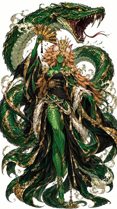 A fantasy illustration of a female character with a green mask and golden crown, holding a fan and surrounded by massive green serpentine dragon coils with golden accents.