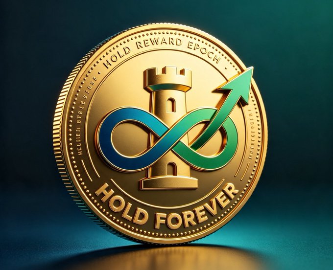 A gold commemorative coin featuring a castle tower and infinity symbol, inscribed with 'HOLD REWARD EPOCH' and 'HOLD FOREVER'.