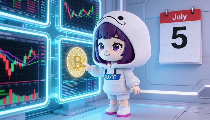 A chibi-style character in a white hoodie branded "OLAXBT" stands in a futuristic room filled with glowing crypto trading charts and a golden Bitcoin coin, next to a calendar showing July 5. The image visually represents the post's message about their AI agent working around the clock through weekend market volatility, with the character symbolizing the vigilant "agentic" presence monitoring crypto markets 24/7.
