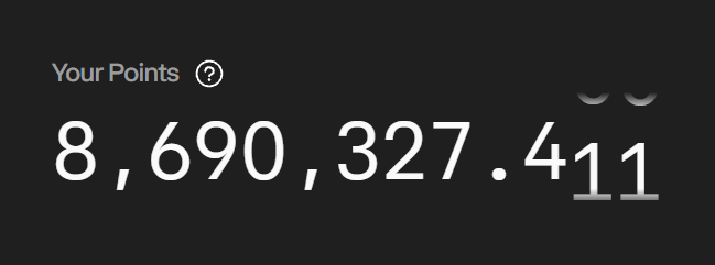A dark screen displays a points balance reading 'Your Points 8,690,327.411' in large white numbers.