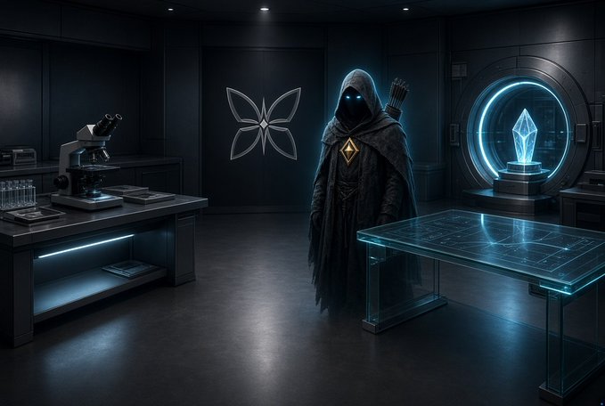 A dark, atmospheric digital illustration of a hooded figure with glowing blue eyes standing in a futuristic laboratory, with a glowing blue crystal in a vault and a microscope on a desk.