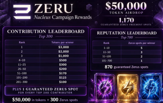 A promotional graphic for the 'ZERU Nucleus Campaign Rewards' displays a $50,000 token airdrop across 1,170 guaranteed spots, detailing contribution and reputation leaderboards for token prizes and Zeus spots.