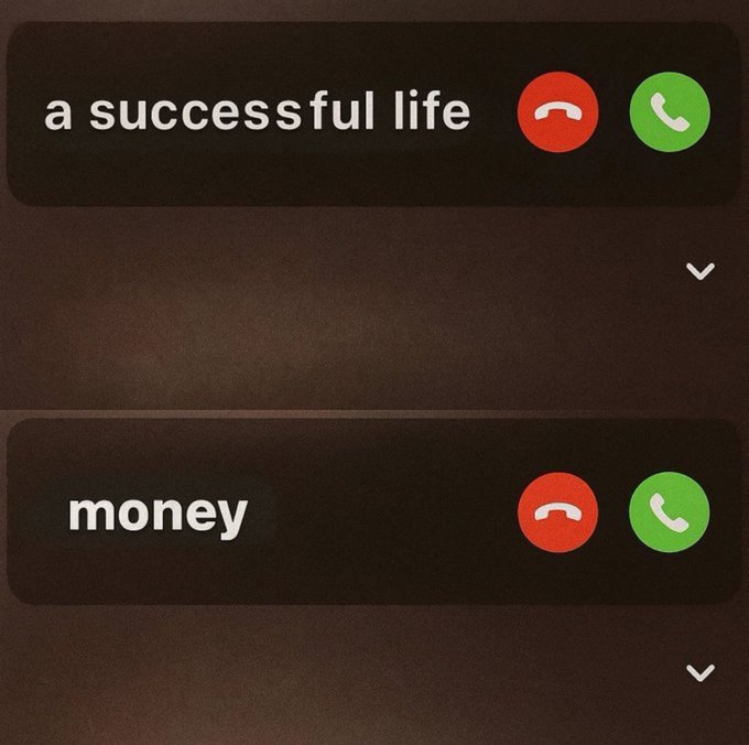Two incoming phone call screens display the names "a successful life" and "money," both with declined and accept buttons, symbolizing a humorous "manifestation" moment. The image relates to the "GM legends manifesting" post by playfully depicting calls from one's goals being received first thing in the morning.
