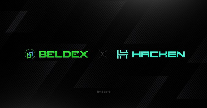 A black promotional graphic shows the logos for 'BELDEX' and 'HACKEN' with an 'x' between them, and 'beldex.io' at the bottom.