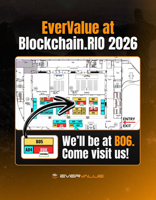 A promotional graphic for EverValue's appearance at Blockchain.RIO 2026, featuring a venue map with a hand-drawn arrow pointing to Booth B06 (located near B05 and A04) alongside the text "We'll be at B06. Come visit us!" matching the accompanying announcement inviting attendees to visit their booth.