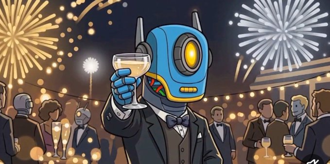 A cartoon illustration of a blue robot wearing a tuxedo and bow tie, holding a champagne glass at an outdoor party with other formally dressed people, string lights, and fireworks in the background.