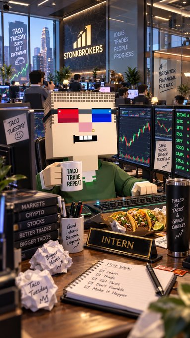A trading desk scene featuring a Minecraft-style character holding a 'TACO TRADE REPEAT' mug, surrounded by monitors displaying charts, taco-themed signs like 'TACO TUESDAY BUYS HIT DIFFERENT', and items including tacos, a notebook, and books labeled 'MARKETS', 'CRYPTO', and 'STOCKS'.