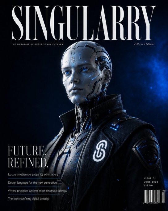 The image features a cover of Singulararry magazine with an illustration of a robot character standing against a blue background. The title "Singulararry" is prominently displayed at the top, and the phrase "From concept to live dApp." is written below the robot character's head. Below this, there are two lines of text that read "Designing intelligence for the next generation," followed by "The connoisseurs' edition editioral design language for the most generation-specific photoshoot systems digital." The cover also includes a small logo and a date stamp indicating the issue was published on June 2, 13:00.