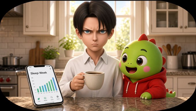 A 3D animated scene featuring a stern-looking man holding a coffee cup next to a cheerful green dinosaur character in a red hoodie, with a smartphone displaying a 'Sleep Week' bar chart app on the counter.