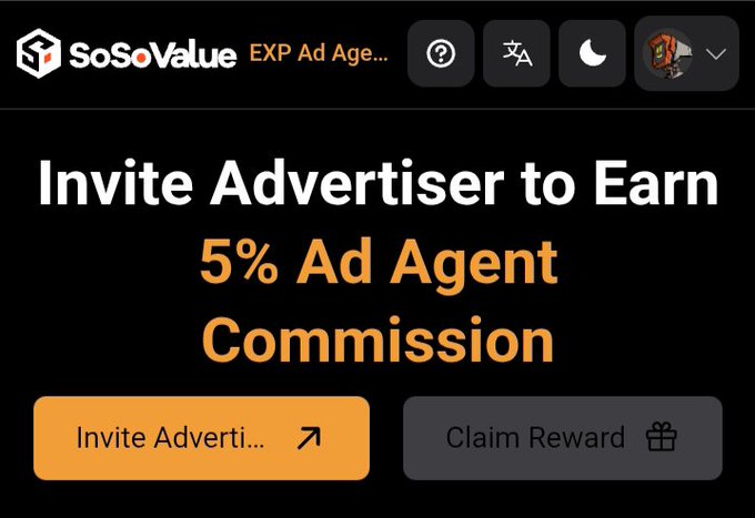 Screenshot of the SoSoValue website showing a promotional banner that reads 'Invite Advertiser to Earn 5% Ad Agent Commission' with 'Invite Advertiser' and 'Claim Reward' buttons.