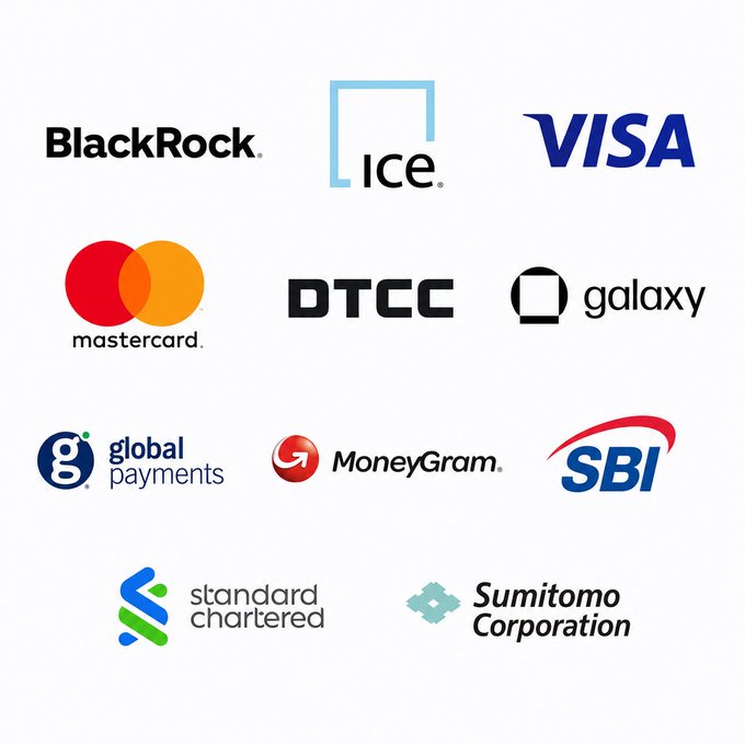 A collage of major financial company logos including BlackRock, Visa, ICE, Mastercard, DTCC, Galaxy, Global Payments, MoneyGram, SBI, Standard Chartered, and Sumitomo Corporation.