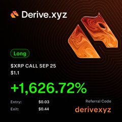 The image is a promotional PnL card from Derive.xyz showcasing a "+1,626.72%" return on a Long $XRP CALL SEP 25 position, with an entry of $0.03 and exit of $0.44, alongside the referral code "derivexyz." It exemplifies the upgraded PnL card style the platform is encouraging users to share on social media.