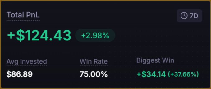 A dark-themed digital dashboard displays financial metrics, prominently featuring a 'Total PnL' of '+$124.43' with a '+2.98%' gain, an 'Avg Invested' of '$86.89', a 'Win Rate' of '75.00%', and a 'Biggest Win' of '+$34.14 (+37.66%)' over a '7D' period.