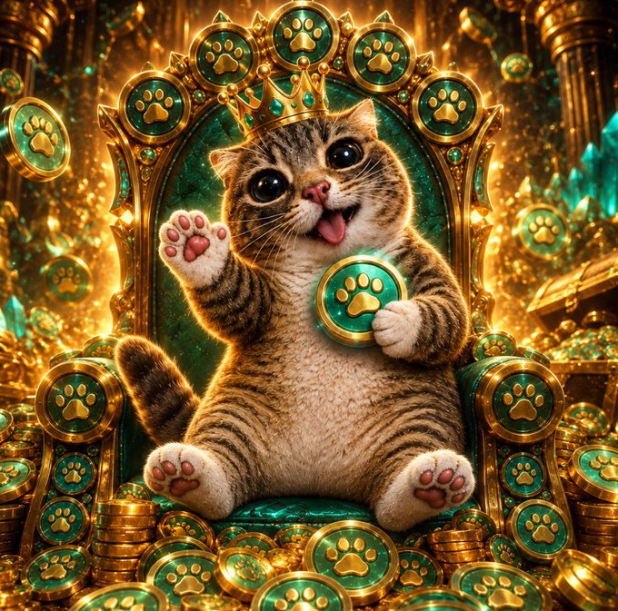 A whimsical, digitally-rendered illustration of a tabby cat wearing a golden crown, sitting on a green throne surrounded by piles of gold coins embossed with paw prints and green gemstones.