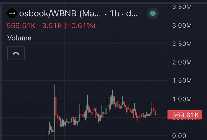 A financial chart showing the price of osbook/WBNB on a decentralized exchange, currently at 569.61K with a -0.61% decline on a 1-hour timeframe.