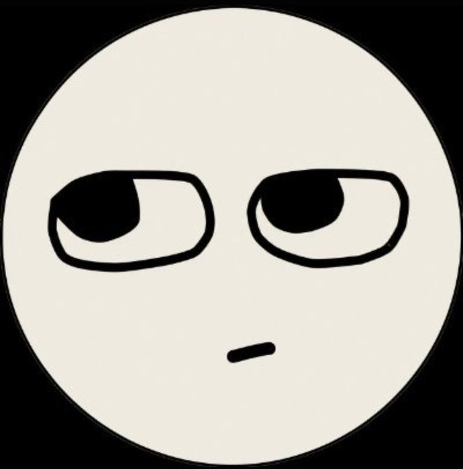 A minimalist black-and-white cartoon face with half-lidded eyes looking sideways and a small straight mouth, conveying a bored or unimpressed expression.
