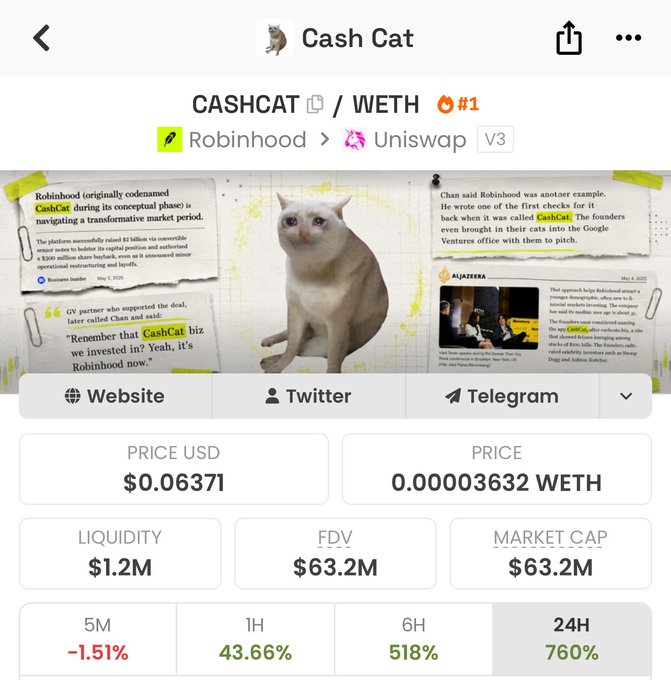 A screenshot of the CashCat (CASHCAT/WETH) token page on Robinhood via Uniswap V3, showing a price of $0.06371 USD, $1.2M liquidity, $63.2M market cap, and a 760% gain in 24 hours—visually confirming the post's claim of massive returns from an early call at a $40K market cap to a $63.2M valuation.