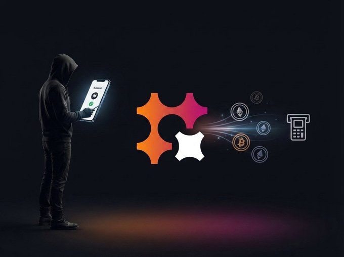 A hooded figure uses a smartphone with a glowing 'Interested' button, next to a colorful logo and various cryptocurrency icons flowing toward a payment terminal.