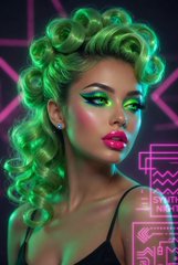 The image features a woman with bright green hair and makeup, wearing a black outfit that stands out against her colorful appearance. She has her head turned to the side as she poses for the photo. The background of the image includes pink and neon elements, which contribute to an overall eye-catching composition. The caption below the image states "Neon challenge ♡ 𝕲𝖗𝖔𝖐 𝕴𝖒𝖆𝖌𝖎𝖓𝖊". This indicates that there is a neon challenge or contest related to the woman's unique and colorful appearance.