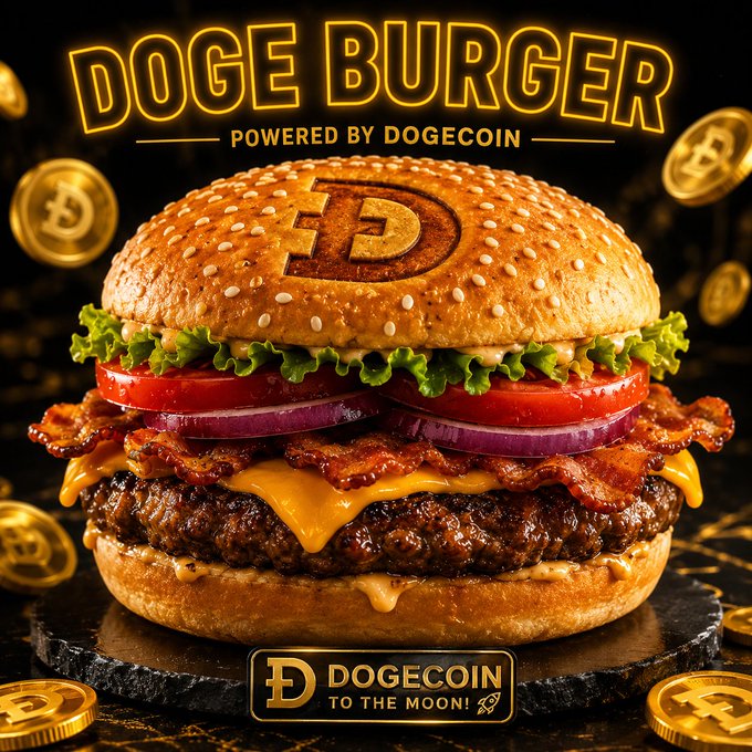 A promotional image for 'Doge Burger' powered by Dogecoin, featuring a bacon cheeseburger with a Dogecoin symbol branded on the bun, surrounded by Dogecoin tokens, with the tagline 'DOGECOIN TO THE MOON!'.
