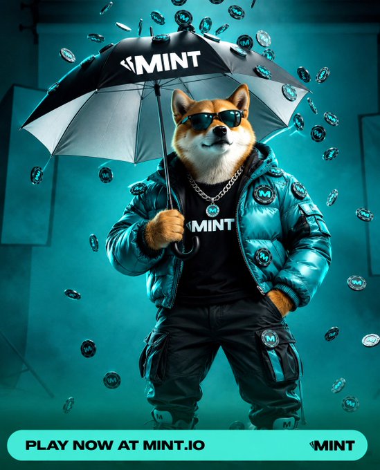 An anthropomorphic Shiba Inu dog wearing sunglasses, a teal puffer jacket, and a 'MINT' chain necklace, holding an umbrella with 'MINT' branding while 'MINT' coins rain down, with a banner reading 'PLAY NOW AT MINT.IO'.