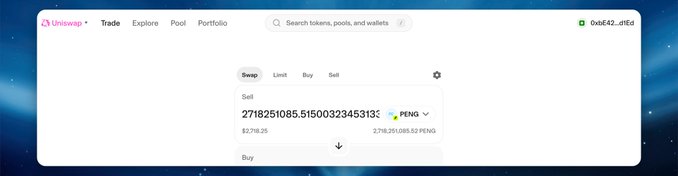 Screenshot of the Uniswap cryptocurrency exchange interface showing a swap transaction in progress, with sell and buy fields displaying large numerical token amounts for PENG token.