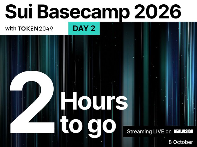 A countdown graphic for "Sui Basecamp 2026 with TOKEN2049, Day 2" showing "2 Hours to go" against a dark background with vertical teal light streaks. The image notes that the event will be streaming live on Real Vision on 8 October, matching the post's announcement of the upcoming livestream.