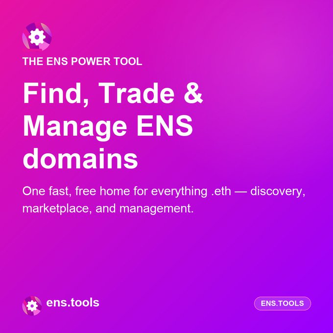 A pink and purple gradient promotional graphic for 'ens.tools' — 'THE ENS POWER TOOL' — advertising the ability to 'Find, Trade & Manage ENS domains' as 'One fast, free home for everything .eth.'