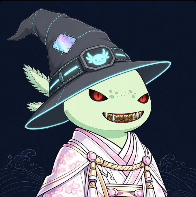 Digital illustration of a green-skinned witch character with red eyes, sharp teeth, wearing a black wizard hat adorned with a skull emblem and feathers, dressed in a pink floral kimono.