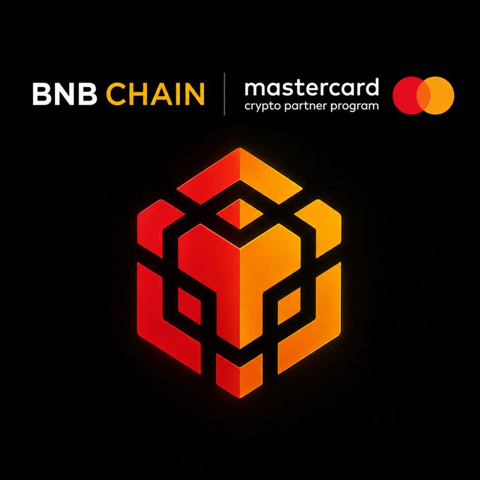 A graphic displays the 'BNB CHAIN' and 'mastercard crypto partner program' logos above a 3D geometric cube design in red, orange, and yellow on a black background.