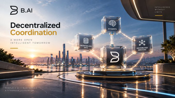 A futuristic tech-themed promotional graphic for B.AI featuring floating holographic cubes labeled 'AI Agents,' 'Decentralized Data,' and 'Distributed Services,' with the headline 'Decentralized Coordination' and tagline 'A More Open, Intelligent Tomorrow.'