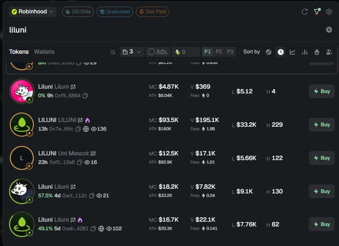 The image displays a Robinhood trading interface showing search results for "liluni" tokens, with the top result highlighted being "Liluni OG (Ox9...6664)" priced at $5.12 with a market cap of $48.7K. This corresponds to the referenced OG liluni token at contract address 0xeba44848ac735bd8f328c45182c27abca8054281 on Pools.trade, though the displayed OG token shows a different address prefix (0x9...6664).