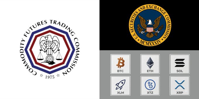 The image features the logos of the U.S. Commodity Futures Trading Commission (CFTC, est. 1975) and the Securities and Exchange Commission (SEC, MCMXXXIV) alongside icons representing six cryptocurrencies—BTC, ETH, SOL, XLM, XTZ, and XRP—directly illustrating the post's news that the CFTC cited these tokens as examples of digital commodities under a joint SEC-CFTC crypto asset taxonomy.