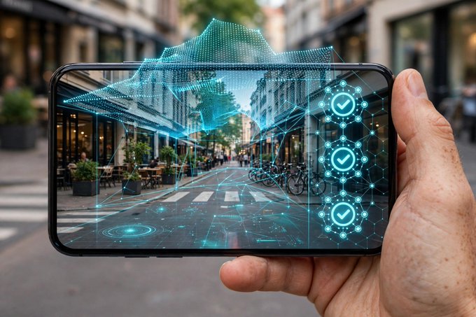 A hand holding a smartphone in front of a blurred urban street scene, with the phone displaying an augmented reality overlay featuring a holographic green wireframe roof structure and three circular checkmark icons on the right side, suggesting a real estate or property verification app.