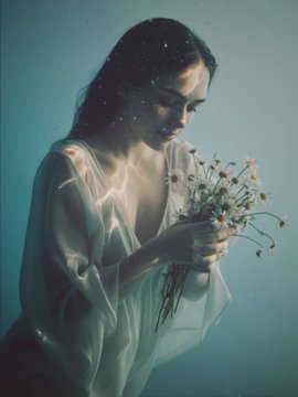 A woman in a flowing white garment stands serenely underwater, gently cradling a bouquet of delicate wildflowers as light filters through the water around her—visually evoking the ethereal, submerged beauty suggested by the song title "Blossoms Breathing."