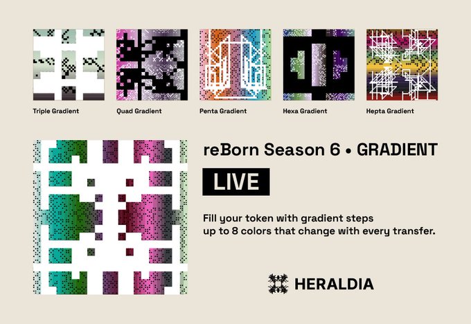 An informational graphic showcasing 'reBorn Season 6 • GRADIENT LIVE' by HERALDIA, displaying five colorful gradient pixel art designs labeled 'Triple Gradient' through 'Hepta Gradient' with text explaining tokens can be filled with gradient steps up to 8 colors.