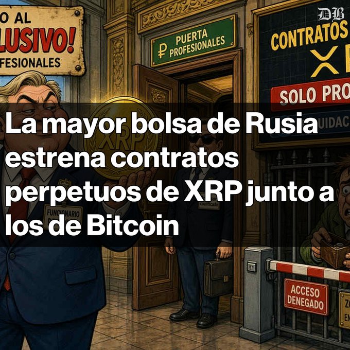 An illustrated graphic featuring the headline 'La mayor bolsa de Rusia estrena contratos perpetuos de XRP junto a los de Bitcoin' depicts cartoon businessmen in a financial setting.