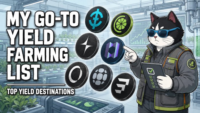 An anime-style illustration titled 'MY GO-TO YIELD FARMING LIST: TOP YIELD DESTINATIONS', showing a cat in sunglasses pointing to various cryptocurrency logos, including Bitcoin and others, in a futuristic greenhouse.