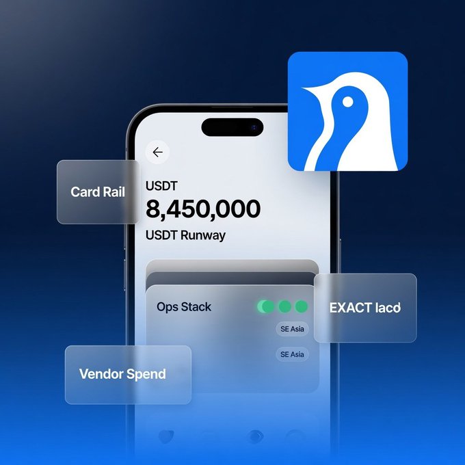 A smartphone displays an EXACT app interface showing USDT balance of 8,450,000, Ops Stack status for SE Asia, and Card Rail and Vendor Spend labels.