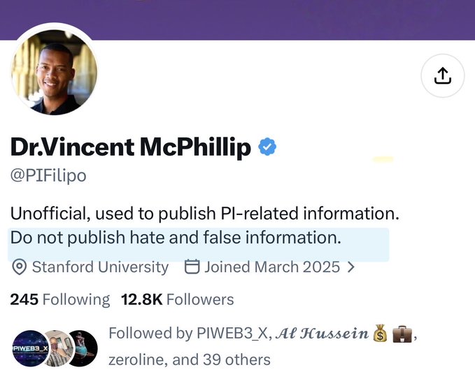 The image shows a Twitter/X profile for "Dr. Vincent McPhillip" (@PIFilipo), described as unofficial and used to publish PI-related information, with a Stanford University affiliation, 245 Following, 12.8K Followers, and a note stating "Do not publish hate and false information." The accompanying post highlights the irony that the account itself is flagged as fake ("He himself is fake") while simultaneously instructing users not to publish false information, underscoring the contradiction noted by CryptoXDElon.