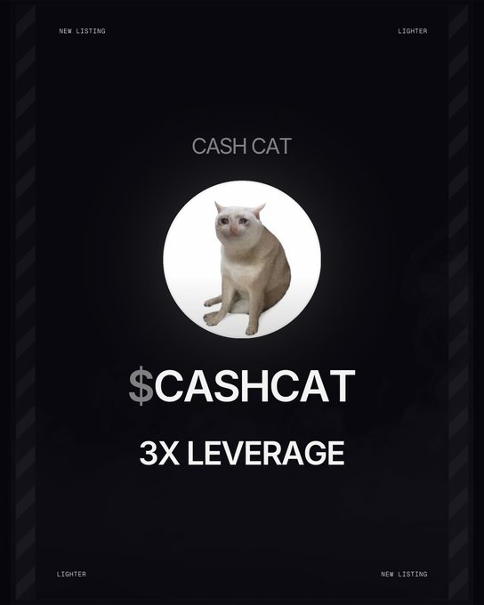 A promotional graphic for the $CASHCAT token features a white cat inside a circular frame on a black background, with bold text reading "CASH CAT," "$CASHCAT," and "3X LEVERAGE," along with "NEW LISTING" and "LIGHTER" branding in the corners—announcing the token's new listing on the Lighter platform as referenced in the post.