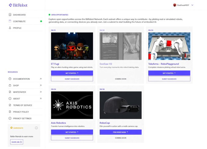 The image shows the BitRobot Network dashboard displaying "OPEN OPPORTUNITIES" for contributors, with five subnet options visible: ET Fugi (Get Started), SeeSaw V2 (Coming Soon), TeleArms - RoboPlayground (Get Started), Aisis Robotics (Get Started), and RoboCap (Coming Soon). The sidebar displays the user's handle "RiseDna#007" and confirms the platform mentioned in the post where users can log in, create a profile, and participate by piloting or submitting data for robotic AI training.