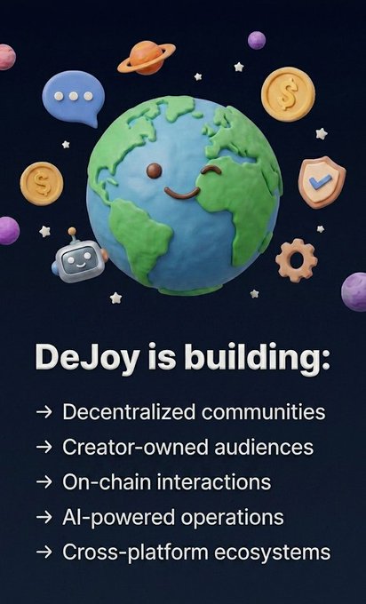 The image features a poster with a cartoon depiction of a planet, surrounded by various objects such as coins, stars, and speech bubbles. The text on the poster reads "DeJoy is building: Decentralized communities should truly belong to creators. Creator-owned audiences.On-chain interactions.AI-powered operations.Cross-platform ecosystems". This message emphasizes the importance of decentralization in social media platforms and how it can lead to more inclusive, creative, and innovative environments for users.