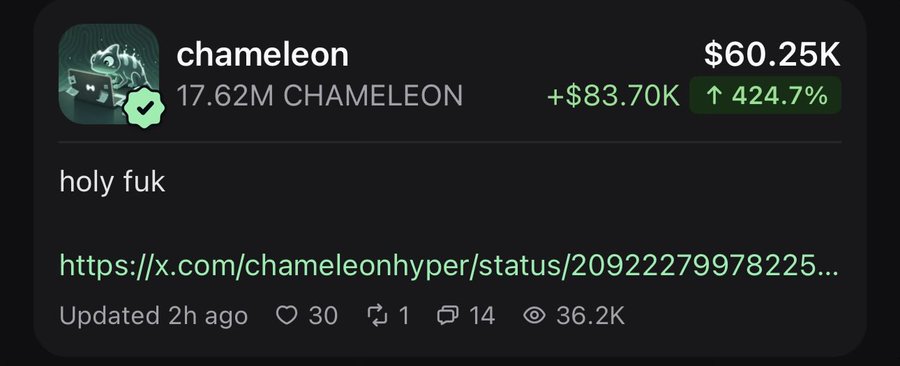 The image displays a social media post about the cryptocurrency "chameleon" ($CHAMELEON), showing a price of $60.25K with a +424.7% gain (+$83.70K) on a holding of 17.62M CHAMELEON tokens, captioned "holy fuk." This relates to the poster's claim of having bought only two memes on HyperEVM, with this Chameleon token representing one of their successful picks that has skyrocketed in value.