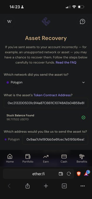 A mobile screenshot of an 'Asset Recovery' page showing a 'Stuck Balance Found' of 98.717532 USDT on the Polygon network, with destination address details and an 'ether.fi' browser tab visible.